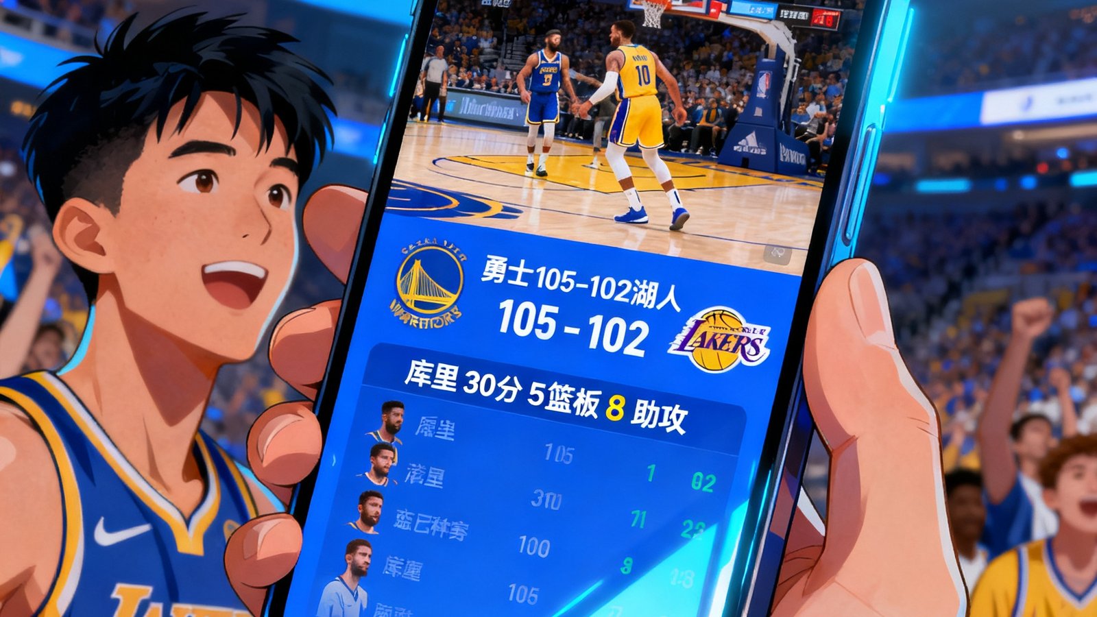 一名球迷正在使用人人体育手机App观看NBA直播，屏幕显示实时比分和球员数据统计